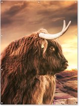 Muurdecoratie buiten Schotse hooglander - Zon - Horizon - Koe - Dieren - 120x160 cm - Tuindoek - Buitenposter