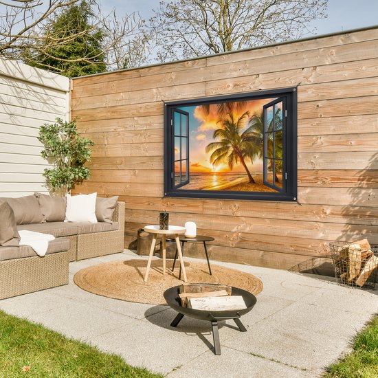 Tuinposters - Tuindecoratie - Doorkijk - Strand - Palmbomen - Zonsondergang - 120x80 cm - Tuin decoratie - Schutting decoratie - Tuinposter - Schuttingdoek - Buitenposter - Tuinversiering - Balkon decoratie - Tuinschilderij