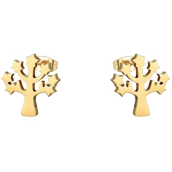 Aramat Jewels - Levensboom Oorbellen - Zweerknopjes - Goudkleurig Chirurgisch Staal - 10mm - Unisex - Spirituele Sieraden - Cadeau - Symbolisch - Elegant