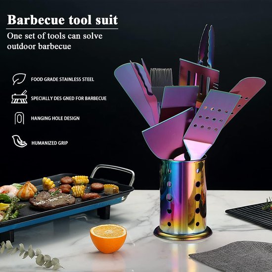 BURNHARD Acaciahout Grillbestek – 4-delig, Roestvrij Staal, Lange Handgrepen