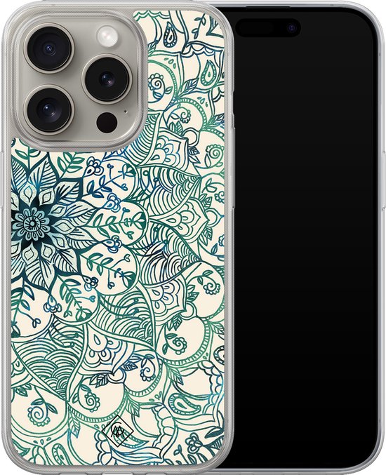 Coque silicone iPhone 15 Pro Max - Mandala bleu - Coque hybride 2 en 1 Casimoda- Antichoc - Motif géométrique - Bords relevés - Blauw, Transparent