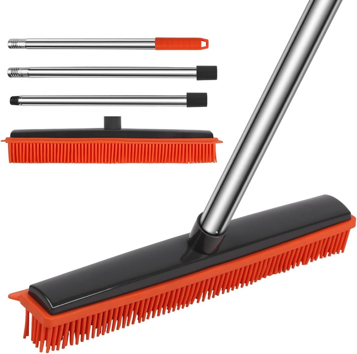 Goedkoopste Rubberen bezem met handvat, bezem Rubberen borstelharen Verwijdering van dieren Katten Hondenhaar voor vloeren voor tapijten Tegels Ramen en tuinen Oranje gekleurd