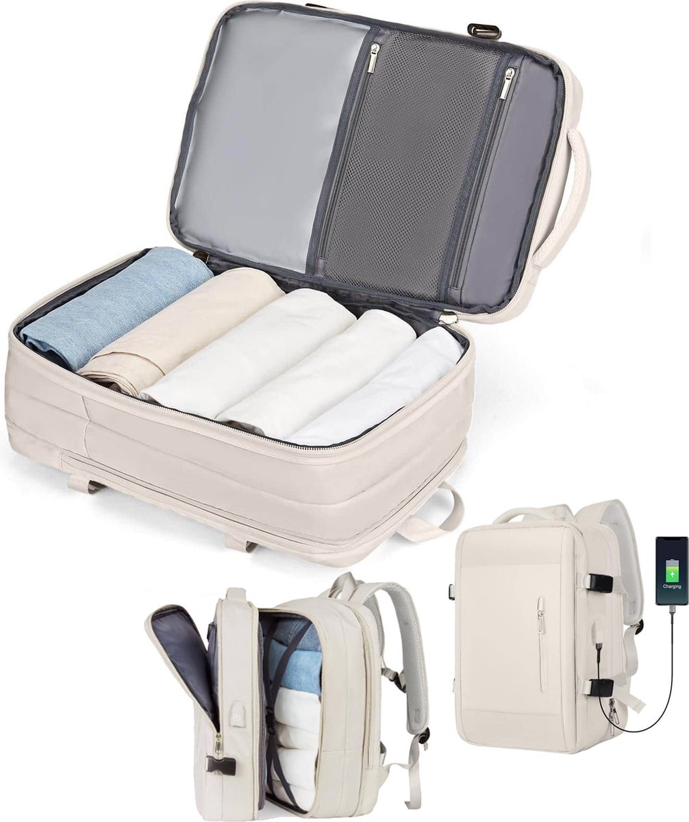 Uitbreidbare en ruime rugzak Beige Waterdicht materiaal 40L capaciteit Comfortabele. bol