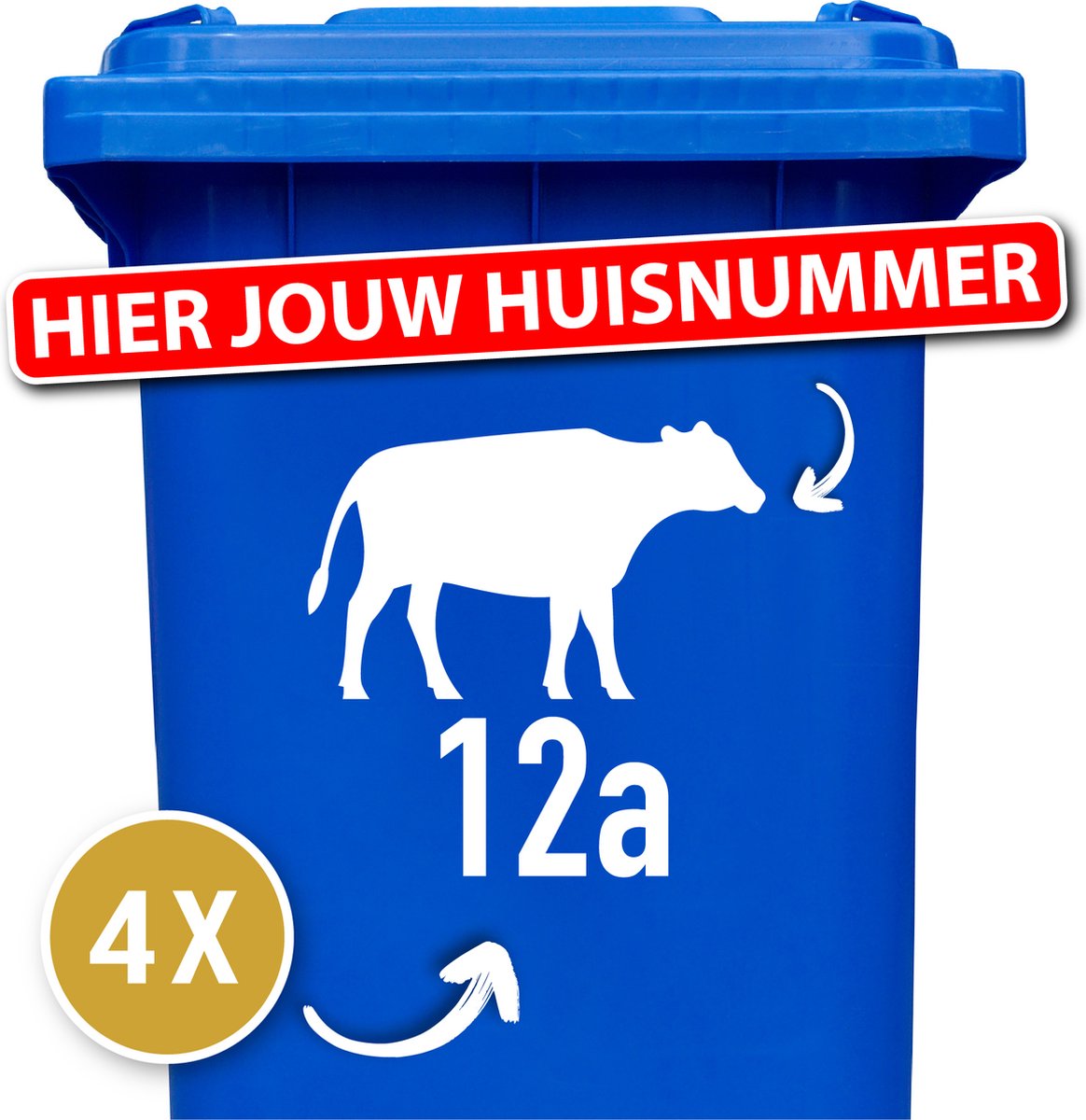 Container Sticker Huisnummer + Koe 4 Stuks - wit - 20 x 20 cm - kliko Sticker Voordeelset - Containerstickers - Weerbestendige Stickers - Stickers Buiten - klikostickers - Cijfer Sticker - Kliko Sticker Huisnummer - Kliko Sticker Dieren
