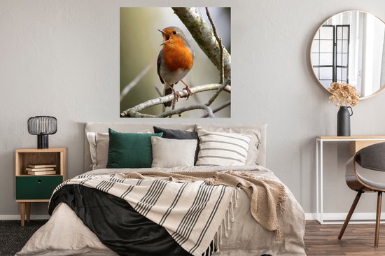 Affiche Robin sur une branche d'arbre 100x100 cm - Tirage photo sur Poster (décoration murale salon / chambre)