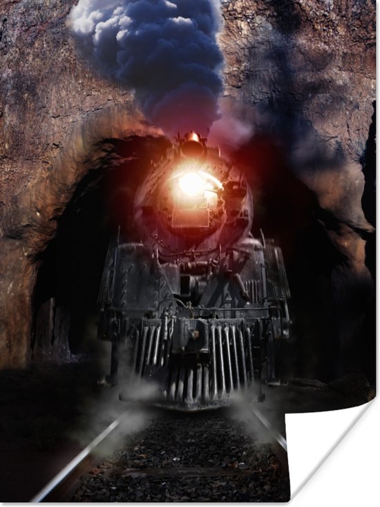 Poster stoomtrein die uit een tunnel rijdt - 120x160 cm XXL