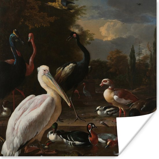 Een pelikaan en ander gevogelte bij een waterbassin - Schilderij van Melchior d'Hondecoeter Poster 50x50 cm - Foto print op Poster (wanddecoratie woonkamer / slaapkamer)