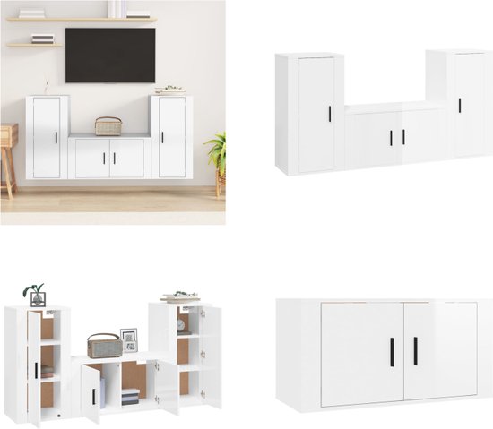 vidaXL 3-delige Tv-meubelset bewerkt hout hoogglans wit - Tv-kast - Tv-kasten - Tv-meubel - Hifi-meubel