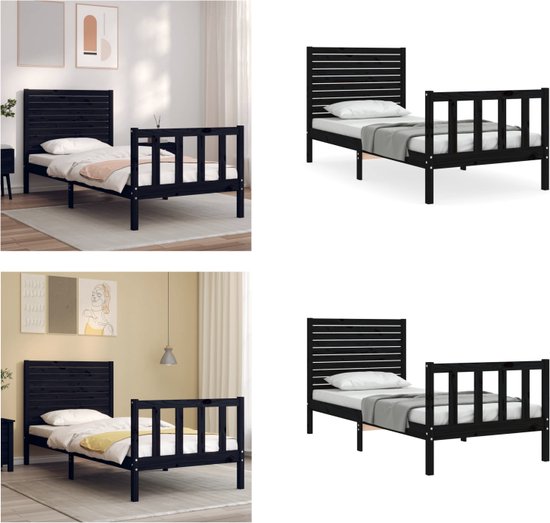 vidaXL Bedframe met hoofdbord massief hout zwart 90x200 cm - Bedframe - Bedframes - Bed - Eenpersoonsbed