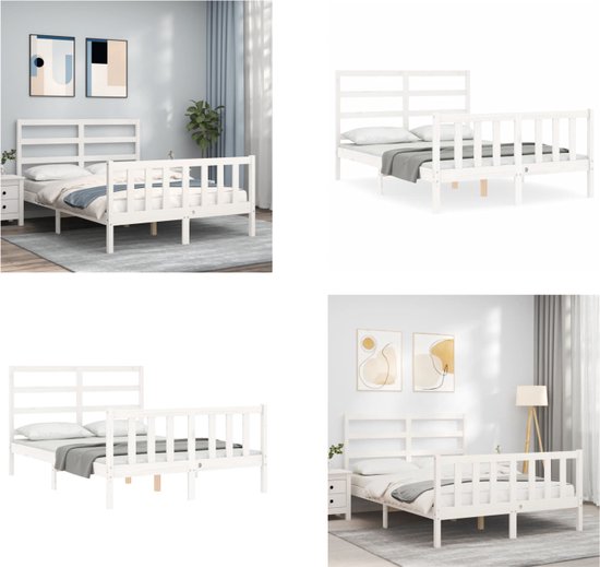 vidaXL Bedframe met hoofdbord massief hout wit 140x190 cm - Bedframe - Bedframes - Bed - Tweepersoonsbed