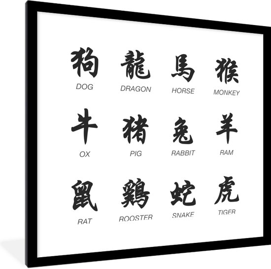 Fotolijst incl. Poster - Chinese tekens voor dierennamen - 40x40 cm - Posterlijst