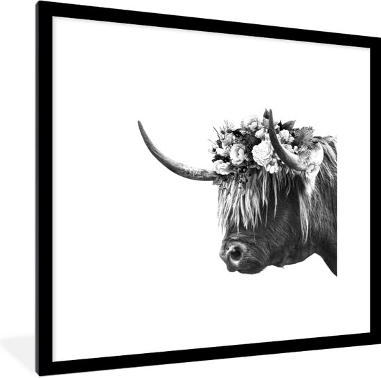 Fotolijst incl. Poster - Schotse hooglander - Bloemen - Zwart - Wit - 40x40 cm - Posterlijst