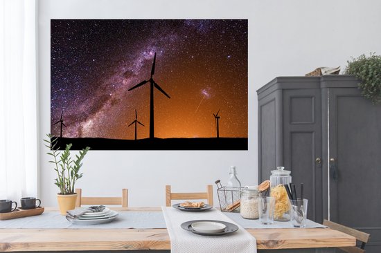 Poster Moulins à vent contre un beau ciel étoilé 180x120 cm - Tirage photo sur Poster (décoration murale salon / chambre) / Poster Paysages XXL / Groot format!