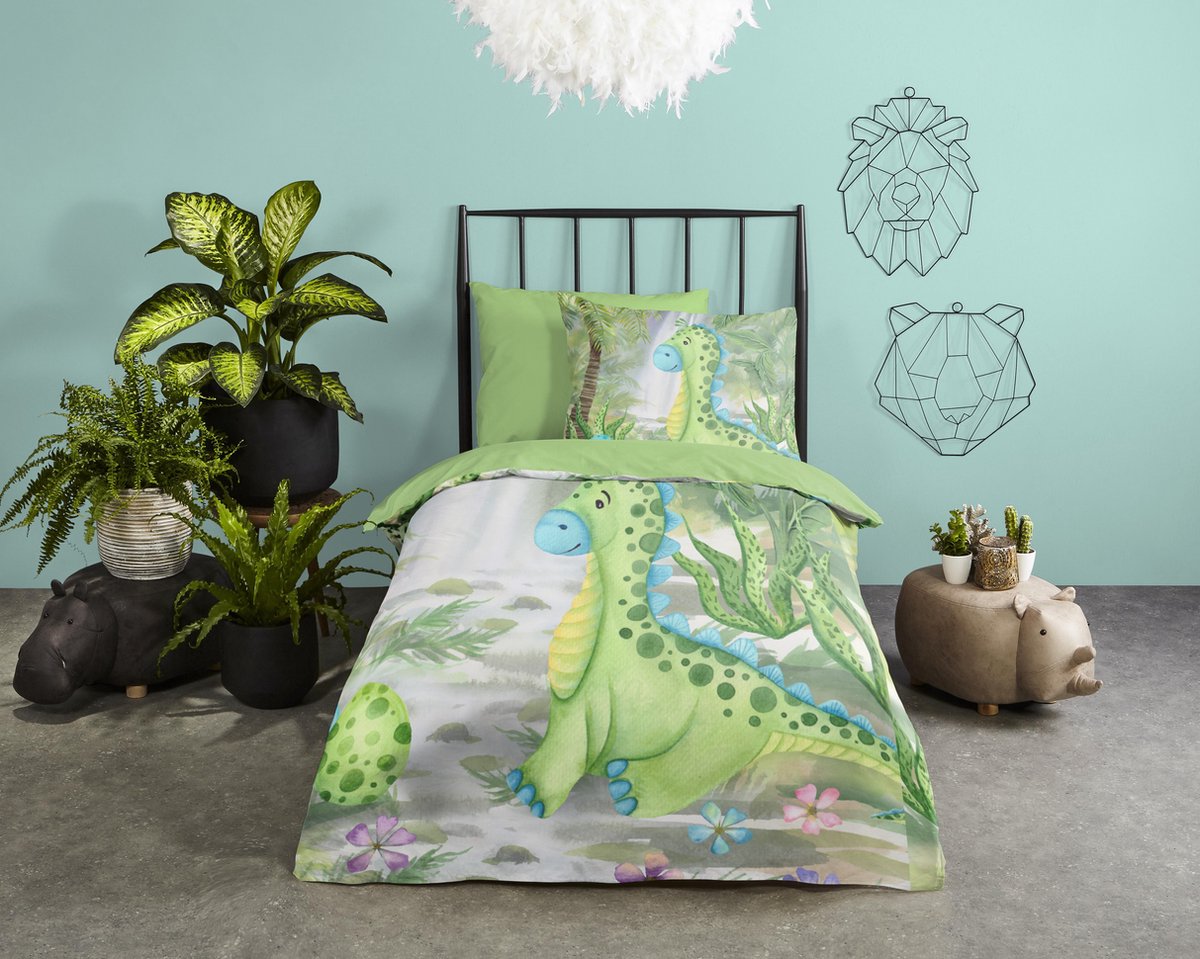 Good Morning dekbedovertrek dinosaurus - 1 persoons 140x200/220 cm - Groen - 100% Katoen r