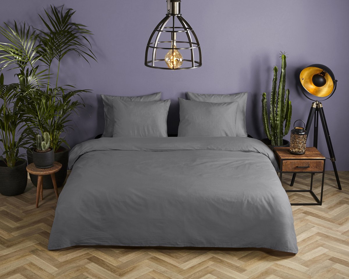 HIP dekbedovertrek effen kleur - 2 persoons 200x200/220 cm - Grijs - 100% Katoen satijn