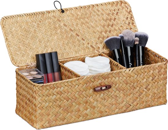 Opbergmand van gevlochten rotan, rotan mand met deksel, opbergdoos met deksel, natuurlijk zeegras, wasmanden, make-up-organizer voor badkamer, woonkamer, keuken