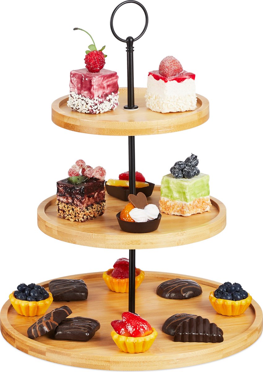 serveertoren 3 laags - bamboe - metalen handvat - 36 x 28 cm - high tea - fruit