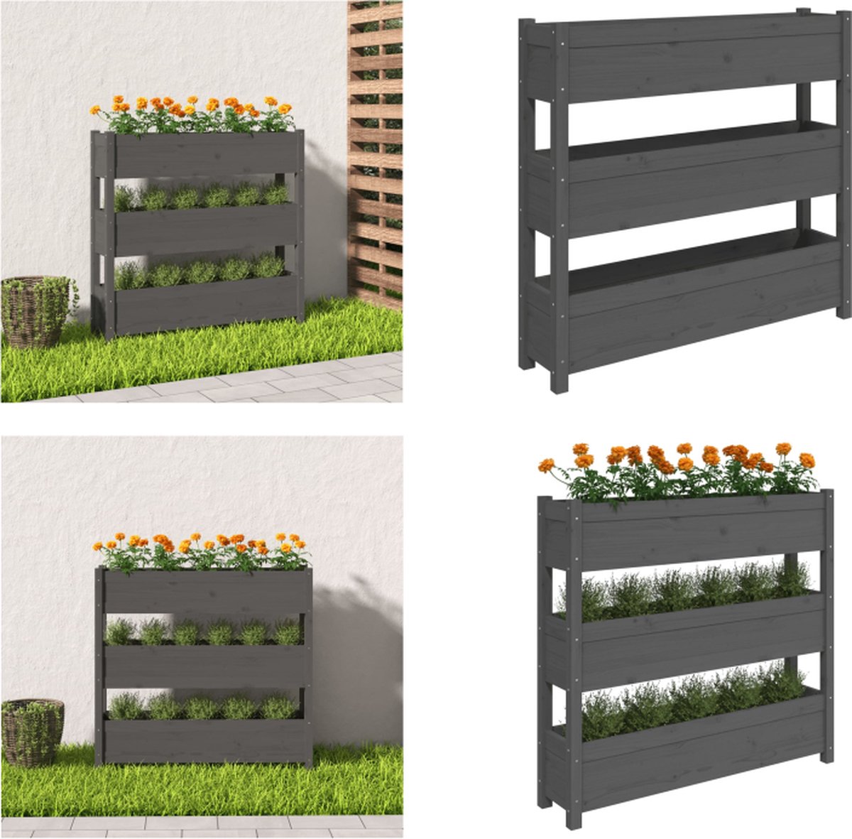 VidaXL Plantenbak 112x25x104-5 cm massief grenenhout grijs Plantenbak Plantenbakken Verhoogde Plantenbak Verhoogde Plantenbakken