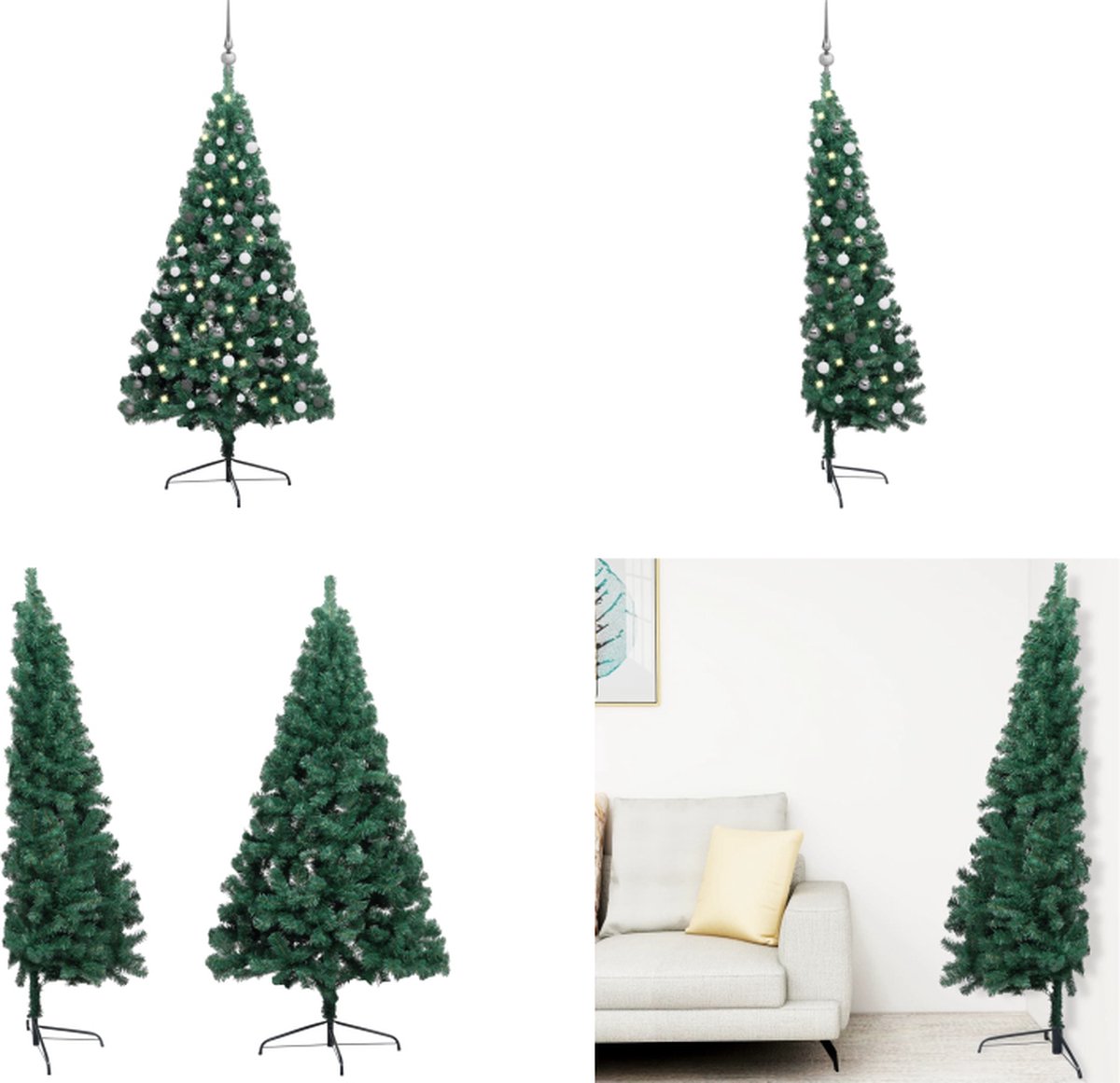 vidaXL Kunstkerstboom met LED's en kerstballen half 180 cm groen - Kunstkerstboom - Kunstkerstbomen - Kerstboom - Kerstdecoratie