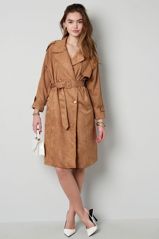 Trench-coat Long Femme En Simili Daim - Coupe Ample Rétro, Double Boutonnage, Ceinture - Pour Automne/printemps - Style Décontracté élégant