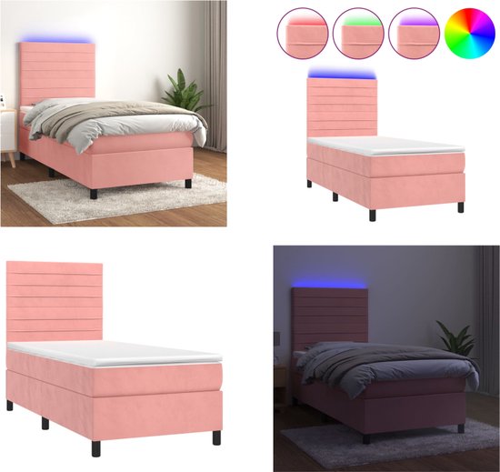 vidaXL Boxspring met matras en LED fluweel roze 100x200 cm - Boxspring - Boxsprings - Bed - Slaapmeubel