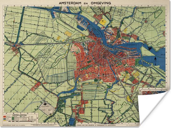 Un plan de la ville historique d' Amsterdam et ses environs Poster - Carte 40x30 cm - petit - Tirage photo sur Poster (décoration murale salon / chambre) / Villes européennes Poster