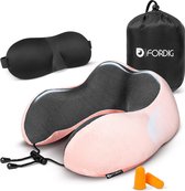 ForDig Premium Nekkussen  - Inclusief Slaapmasker &  Oordopjes - Memory Foam - Roze