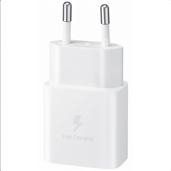 Witte Samsung snellader met twee ronde stekkers.