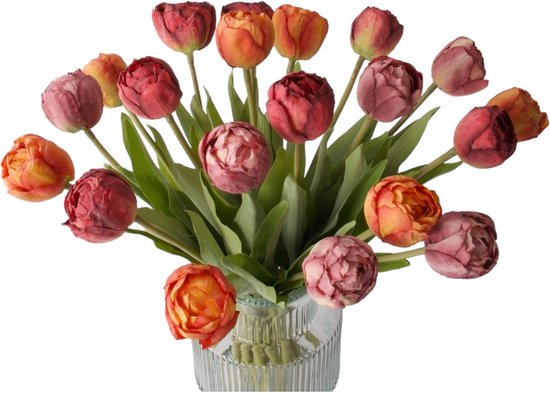WinQ - Bouquet de Tulipes Artificielles 21 pièces - Bouquet de Tulipes en soie 40cm - belles couleurs printanières - Fleurs artificielles - fleurs en soie - vase en verre exclusif