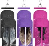 Set van 6 pruikenopbergzakken met hangers, TANOSAN pruikenopbergzakken met hangerhaken, stofdichte zakken voor haarextensies (zwart en paars en rozerood)