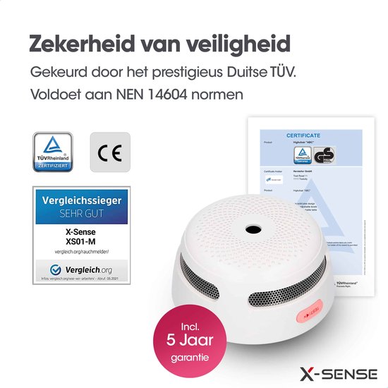 Witte ronde rookmelder met 'Incl. 5 Jaar garantie' label. TÜV Rheinland, CE en Vergleichtest 'Sehr Gut' certificaten.