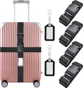 Kofferriem, 4 stuks, 4 x 2 m, zwarte riem, bagageriem met 2 stuks kofferhangers, kofferriem, bagageriem, antislip bagageband voor koffer