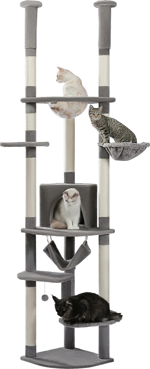 Luxe Kattentoren – Verstelbare 8-Lagen Klimboom – Hangmat & Appartement – Hoogte verstelbaar van 236tot258cm – Ultiem Kattenplezier – Grijs