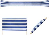 Windscherm in blauw/wit met houten spijlen, draagriem en bevestigingsriemen, 80 x 600 cm of 80 x 800 cm, privacyscherm voor strand, camping en tuin