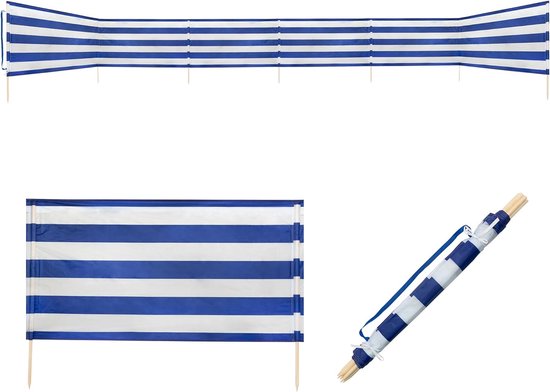 windscherm dralon blauw wit 6 meter voor op strand of camping met vaste