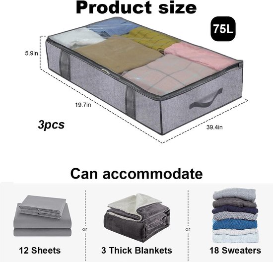 3 stuks 75 liter opbergbox voor onder het bed, kledingtassen, opbergtas met deksel voor kleding, beddengoedorganizer onder de bedlade, opvouwbare onderbedcommodes - 