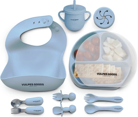 Foto: Vulpes goods babycare siliconen babyservies set 12 delig kinderservies set kinderbord met zuignap deksel 3 delig kinderbestek babybestek slabbetjes baby drinkbeker tuitbeker baby snack cup babyshower cadeau kraamcadeau