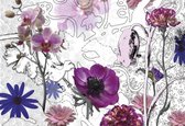 Fotobehang Bloemen - Getekende bloemen - Paars - Roze - Zwart - Wit - 368x254cm