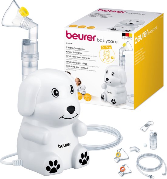 Witte hond inhalator met doos en toebehoren. Bevat "Dr. Dog" logo en "German Engineering".