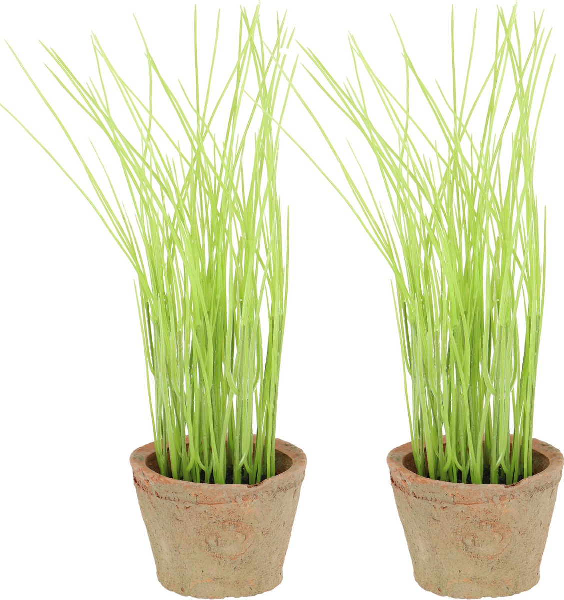 Esschert Design Kunstplant/kruiden bieslook - 2x - in oude terracotta pot - 28 cm - kruiden