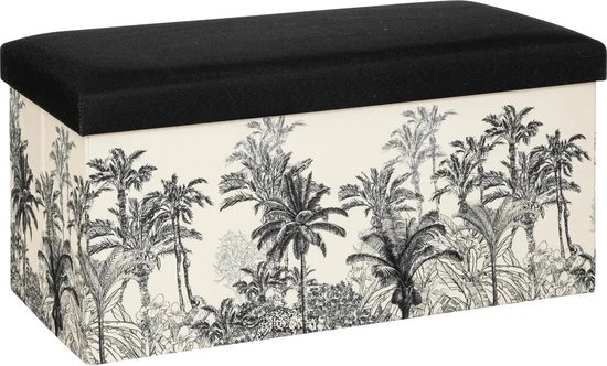 Atmosphera Poef/krukje/hocker Palmtrees - Opvouwbare zit opslag box - creme wit/zwart - 76 x 39 x 39 cm - MDF/polyester
