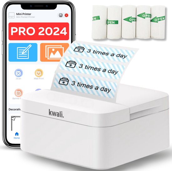 kwali.® Labelprinter Pro 2024 - Labelmaker - Lettertang - Labelwriter - Draadloze Printer - Etiketten Printer - Inclusief Labelrol - Bluetooth - Android en iOS App - Wit - kwali.