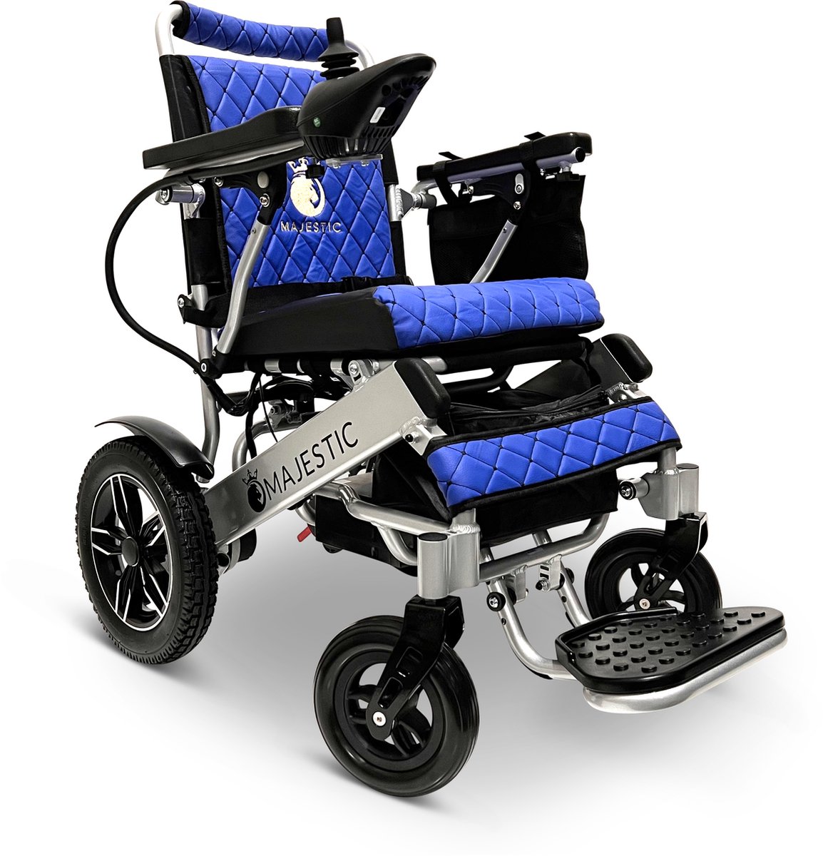 Goedkoopste COMFYGO IQ-8000 Elektrische rolstoel, Lichtgewicht, Draadloze afstandsbediening, Handmatig opvouwbaar, Niet achterover leunen, 12AH Li-ion, tot 20km, 45cm, Zilver frame & Blauw leer textiel