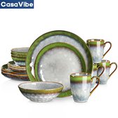 CasaVibe Luxe Serviesset – 16 delig – 4 persoons – Porselein - Bordenset – Dinner platen – Dessertborden - Kommen - Mokken - Set - Groen - Wit