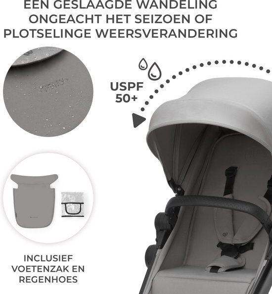 Grijze kinderwagen met opstaande rand, kap met USPF 50+, en een voetzak en regenhoes.