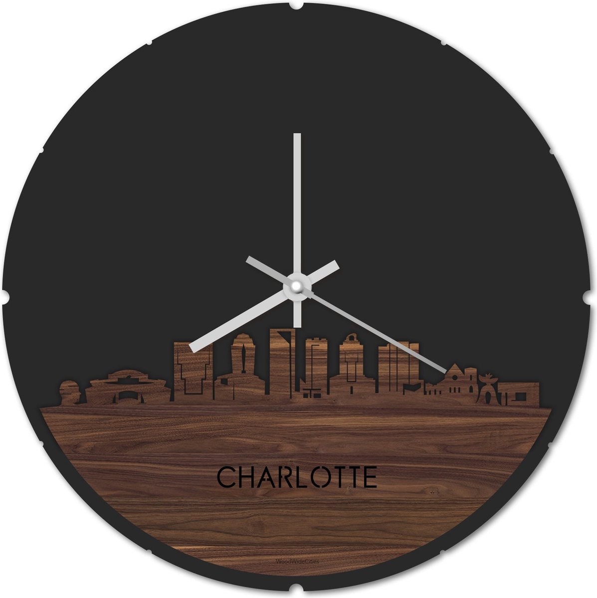 Skyline Klok Rond Charlotte Notenhout - Ø 44 cm - Stil uurwerk - Wanddecoratie - Meer steden beschikbaar - Woonkamer idee - Woondecoratie - City Art - Steden kunst - Cadeau voor hem - Cadeau voor haar - Jubileum - Trouwerij - Housewarming -