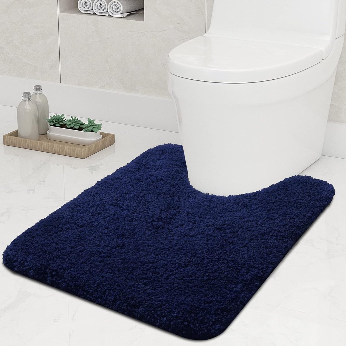 Antislip zachte mat voor toilet met uitsparing, afmetingen 51 x 61 cm, absorberende badmat, staande toiletmat, wasbare badmat voor toilet, marineblauw.