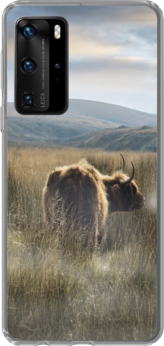 Telefoonhoesje Geschikt voor Huawei P40 Pro hoesje - Schotse Hooglanders - Mist - Gras - Siliconen Telefoonhoesje Telefoonhoesje