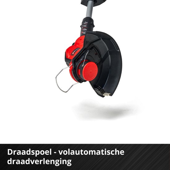 Rode maaikop met zwarte beschermkap, draadspoel met automatische draadverlenging.