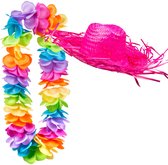 Toppers - Carnaval verkleedset - Tropical Hawaii party - strohoed roze - en volle bloemenslinger multi colours - voor dames